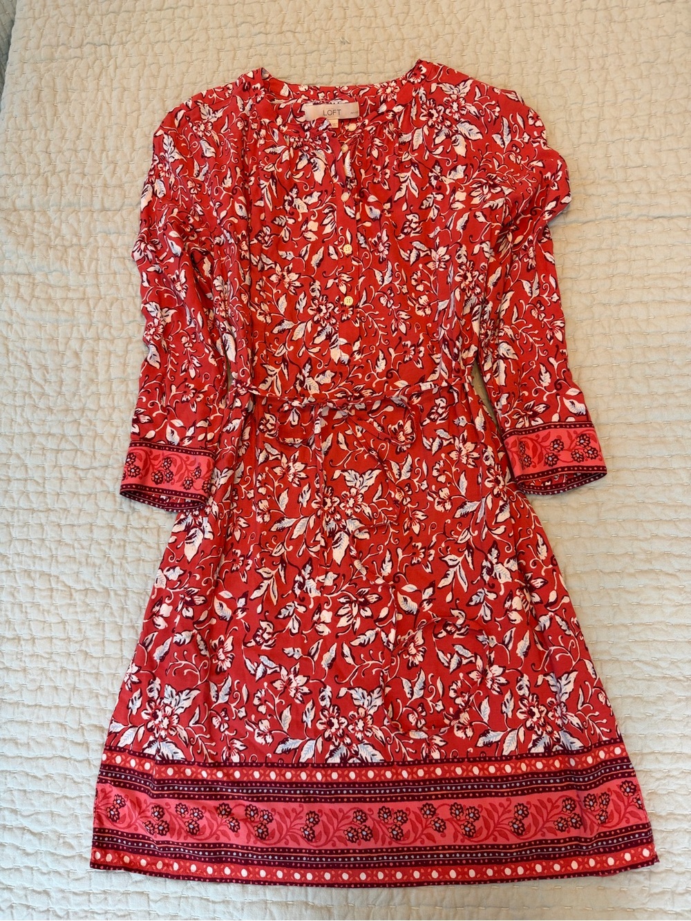 LOFT Petite Rust Botanical Floral Midi Dress Contrast Border Hem Drawstring - Picture 9 of 9